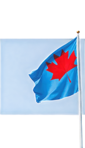 Canadian flag, waving in wind, red maple leaf emblem, white background, fluttering edges, sunny day, bright blue sky, close-up shot, shallow depth of field, high contrast, vibrant colors, detailed tex