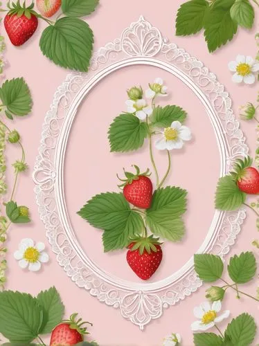 Pastel pink and white strawberry themed wallpaper, sweet and tender atmosphere, soft focus, shallow depth of field, round strawberries with green leaves, scattered on a pale pink background, gentle cr