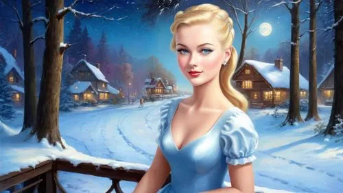 Romantic masterpiece oil painting, cute girl portrait, nostalgic 1950's style kitsch, breathtaking beautiful winter forest landscape, majestic fantasy scenery, evening lighting, highly detailed highre