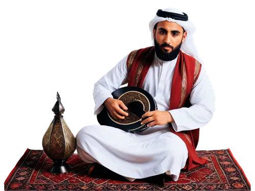 Middle Eastern man, traditional attire, white thawb, red tarboush, dark brown beard, mustache, holding oud, sitting on Arabic carpet, intricate patterns, vibrant colors, warm lighting, 3/4 composition