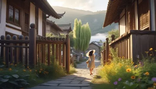 a woman carrying a large umbrella down a road,girl walking away,walking in a spring,ghibli,studio ghibli,summer evening,clannad,Photography,General,Realistic