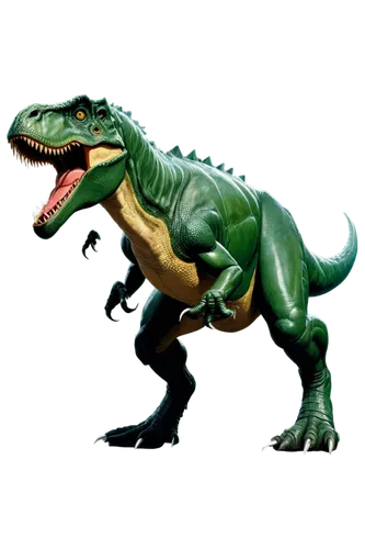 green Tyrannosaurus Rex, adult, solo, powerful legs, strong tail, rough scaly skin, sharp teeth, angry eyes, roaring mouth, dark green body, muscular arms, claws on feet, standing pose, low-angle shot