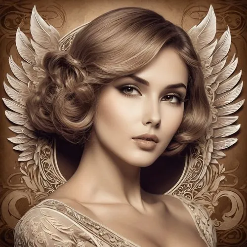 vintage angel,art deco woman,vintage woman,sonam,behenna,vintage makeup,art deco frame,baroque angel,angel wings,evgenia,vanderhorst,fairest,libelle,vintage female portrait,hairpieces,vintage girl,romantic portrait,hairdressing salon,angel wing,the angel with the veronica veil,Illustration,Retro,Retro 13