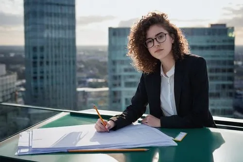 Julie, young adult, female, solo, (20yo), glasses, curly brown hair, minimal makeup, white blouse, black blazer, fitted trousers, loafers, architectural model, drafting table, pencils, papers, School 