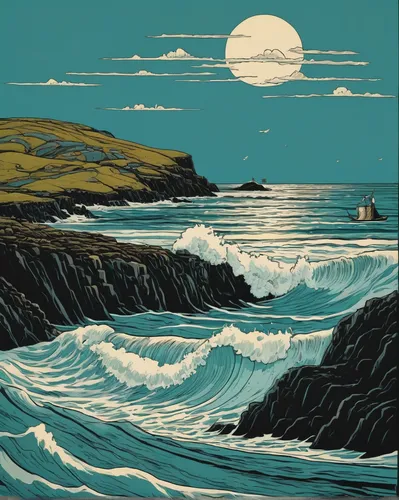 olle gill,cool woodblock images,david bates,coastal landscape,woodblock prints,rocky coast,north sea coast,perranporth,travel poster,cornwall,carol colman,sceleton coast,seascape,gower,sea landscape,north sea,seascapes,isle of mull,stormy sea,el mar,Illustration,Vector,Vector 15