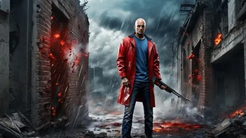 “A post-apocalyptic cityscape, with  urban Cityscape and survivors running amidst the ruins.” Realistic, highly detailed, Action scene, ,the movie poster for hitman's fury,redcoat,dmc,red coat,dante,p