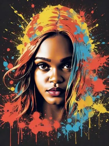 A captivating vector illustration of a woman, with a vibrant splatter paint effect.  striking eyes are highlighted by dramatic contrasts, emphasizing its regal presence and elegance. The striking desi