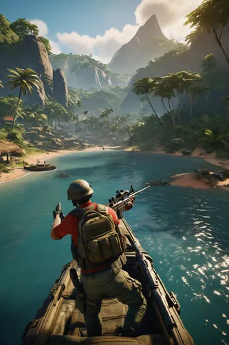 multiplayer gameplay, Far Cry 6, cooperative mode, tropical island, guerilla warfare, dynamic weather, lush jungles, rugged mountains, chaotic towns, destructible environments, male and female soldier