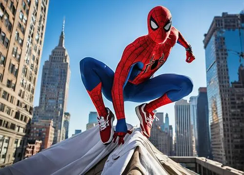 Spider-Man, half-body, inside-out Spider-Man suit, torn fabric, messy threads, white shirt, blue pants, sneakers, masculine chest, athletic waist, strong legs, dynamic pose, city street, skyscraper, s