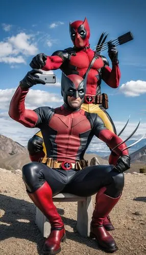 "Wolverine takes a selfie with the camera, while Deadpool sits astride Wolverine's shoulders, looking at the camera and making a heart gesture.",vanterpool,daredevil,deadpool,dead pool,speedsters,wolv