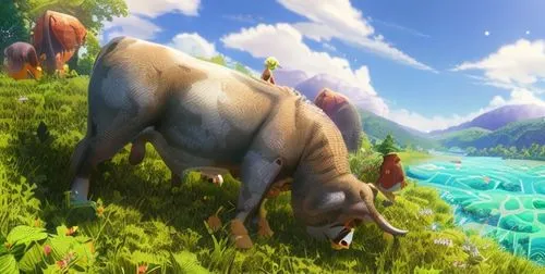 hippopotamus,cynorhodon,rhinoceros,uintatherium,rhino,mountain cow,triceratops,hippo,boar,wild boar,mountain cows,bison,unicorn background,alpine cow,cartoon video game background,aurochs,white rhinoceros,terrestrial animal,warthog,mountain pasture,Common,Common,Cartoon