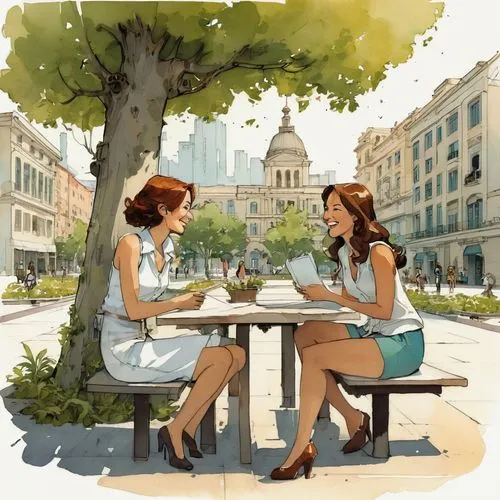 women at cafe,woman at cafe,parisiennes,street cafe,conversano,conversation,Illustration,Children,Children 04