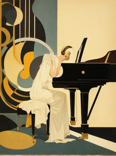 art deco woman,art deco,piano player,concerto for piano,ethel barrymore - female,steinway,alfons mucha,the piano,grand piano,pianist,art deco background,harpsichord,johannes brahms,the gramophone,art nouveau design,fortepiano,pianos,art nouveau,chopin,the phonograph,Illustration,Retro,Retro 15