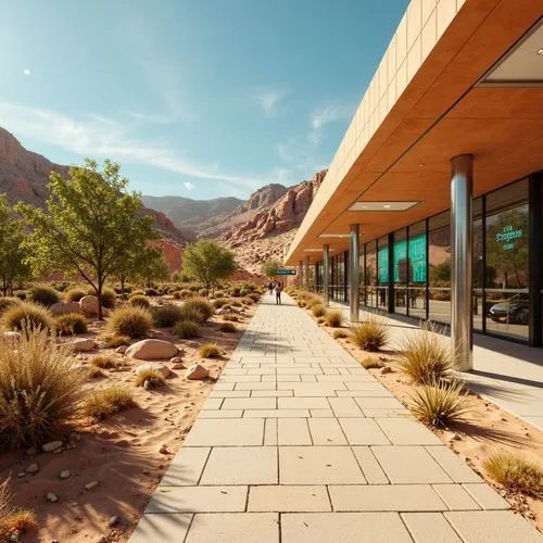 desert landscape,xeriscaping,desert desert landscape,indian canyons golf resort,3d rendering,street canyon,virtual landscape,render,arid landscape,futuristic landscape,mid century modern,walkway,red rock canyon,indian canyon golf resort,cafayate,mid century house,roof landscape,landscaped,building valley,rhyolite