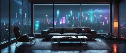 sky apartment,livingroom,cityscape,apartment lounge,modern room,living room,an apartment,apartment,futuristic landscape,fantasy city,great room,glass wall,sky space concept,blue room,atmospheres,urbanworld,penthouses,shanghai,cyberpunk,cybercity,Photography,Artistic Photography,Artistic Photography 11