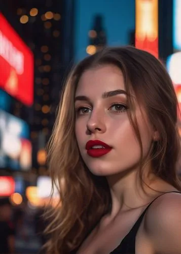 a young beautiful caucasian girl 23 years old whit brown long flowing hair red lips and a  expression confidence wearing black dress at sunset in Times Square as background in 4k,red lips,photo sessio