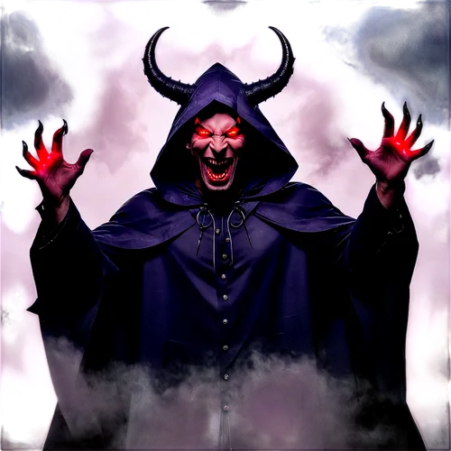 Dark, eerie atmosphere, demonic creature, laughing sound effect, mouth open wide, sharp teeth, glowing red eyes, horns on head, dark purple skin, muscular arms, claws on hands, ripped black cloak, mis