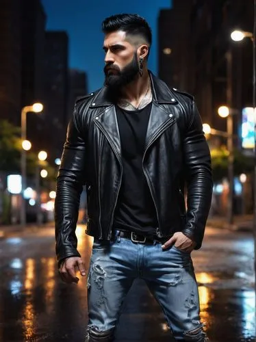 Muscular man, 30s, confident expression, short black hair, thick beard, tattoos on arms, chest, and back, silver earring, black leather jacket, white tank top, ripped blue jeans, boots, standing, urba