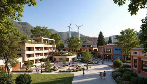 Vibrant community center, fusion of modern and traditional architecture, green roofs, solar panels, wind turbines, rainwater harvesting systems, eco-friendly materials, natural ventilation systems, ab