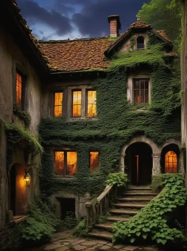 Old, European-style, rustic, wooden, stone-built, medieval-inspired, abandoned, worn-out, ivy-covered, moss-grown, broken windows, creaky doors, overgrown garden, winding staircase, lantern-lit, warm 