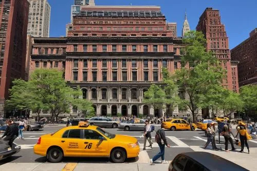 New York City, iconic skyscrapers, modern buildings, Columbia University, GSAPP, Cornell AAP, Pratt Institute, The Cooper Union, bustling streets, yellow cabs, pedestrians, urban atmosphere, morning s