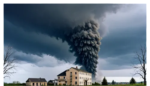 Tornado, stormy weather, funnel cloud, dark grayish blue sky, rotating column of air, debris flying around, destroyed buildings, broken trees, strong wind, misty atmosphere, dynamic composition, fast 