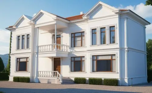 white house with neoclassic style,3d rendering,progestogen,danish house,model house,frisian house,render,huis,villa,two story house,sketchup,victorian house,huizen,house hevelius,exterior decoration,d