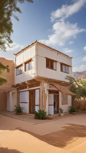 a small desert building with no door and no walls,dunes house,mid century house,modern house,vivienda,3d rendering,casitas,Photography,General,Realistic