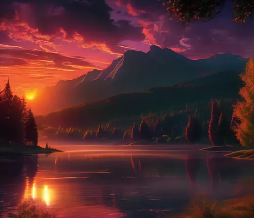 the sun rises over a lake with some mountain in the background,purple landscape,landscape background,evening lake