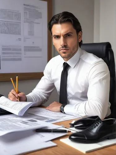 Professional architect, male, 30s, formal wear, white shirt, black tie, black trousers, black shoes, serious facial expression, sitting, desk, pencil, papers, calculator, architectural model, backgrou