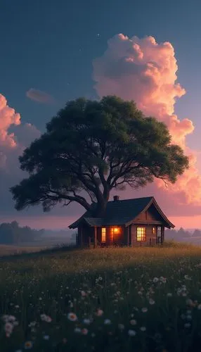 isolated tree,lonely house,lone tree,tree house,little house,landscape background,Photography,General,Realistic