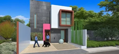 CASA ESTILO MINIMALISTA UBICADA, COMBINANDO LOS COLORES VIBRNTES DE LA ARQUITECTURA MEXICANA Y LA PIEDRA DE RECINTO,  EN UN FRACCIONAMIENTO CON VEGETACIÓN EXUBERANTE, PERSONAS,ARBOLES, PALMERAS, CORRE