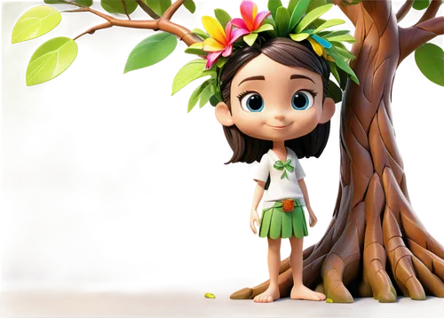 girl with tree,hula,cute cartoon image,polynesian girl,chipko,menehune,arrietty,cute cartoon character,girl in a wreath,little girl fairy,moana,dryad,the girl next to the tree,wahine,marie leaf,tinkerbell,korowai,lilo,agnes,diwata,Unique,3D,3D Character