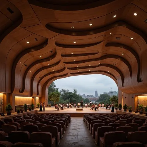 Curved concert hall, flowing organic shapes, wooden acoustic panels, natural materials, earthy color palette, warm ambient lighting, intimate performance space, raised stage, circular seating arrangem