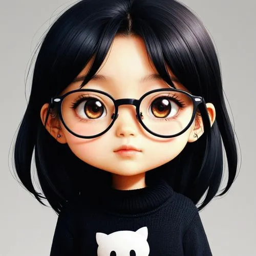 女生，眼镜，黑色毛衣，卡通，chibi,a girl with glasses and a sweater on is posing,cute cartoon character,rukia,furuta,kiyoko,shimoji,megane,Illustration,Japanese style,Japanese Style 11