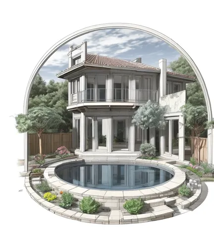 houses clipart,garden elevation,3d rendering,landscape design sydney,house drawing,round house,pool house,luxury property,landscape designers sydney,residential house,large home,villa,silver coin,circle design,holiday villa,luxury home,luxury real estate,core renovation,floorplan home,modern house