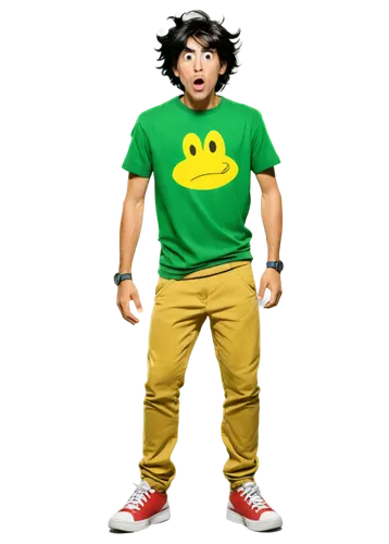 Cartoon character, green skin, ugly face, crossed eyes, open mouth, bad breath, stinky cloud above head, messy black hair, torn yellow shirt, dirty brown pants, worn-out sneakers, standing, comedic ex