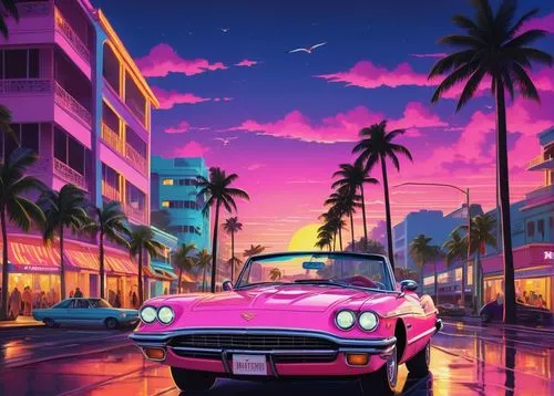 pink car,classic car and palm trees,80s,aesthetic,retro background,miami,retro car,80's design,pink dawn,retro styled,3d car wallpaper,dusk background,honolulu,neon candies,would a background,boulevard,drive,retro music,esthetic,retro style,Illustration,Realistic Fantasy,Realistic Fantasy 08