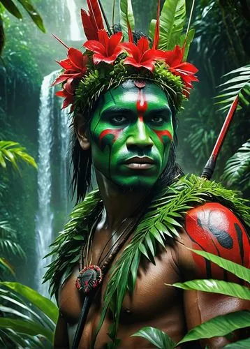 native man with a spear hiding in green thickets, face painted with red symbols, tropical island, waterfall in the jungle, native with a spear hiding in green thickets, jungle, tropical vines on all s