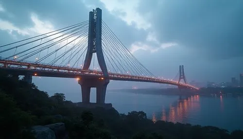 Futuristic bridge, fusion architecture, steel cables, suspended roadway, asymmetrical piers, angular supports, metallic latticework, gleaming LED lights, misty atmospheric effects, foggy riverbank, lu