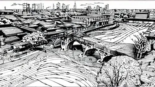 roofs,ship yard,slums,urbanization,animal line art,kowloon city,roof landscape,docks,mono-line line art,destroyed city,rooftops,urban development,suburb,pen drawing,industrial landscape,straw roofing,