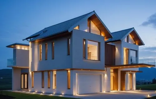 Create the appearance of a 2-story residence using a modern architectural style. Create Tile roof grey colour. Create architectural lines with strong colors. Create attractive interior and exterior li