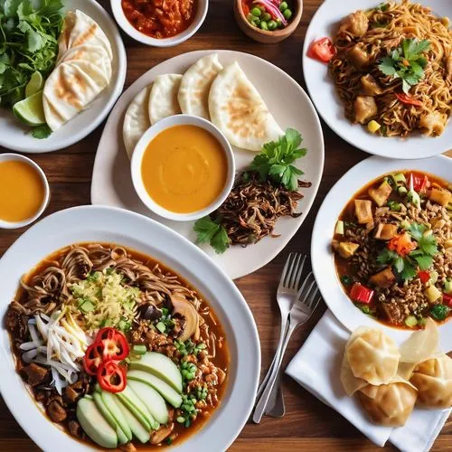 Vibrant colorful cuisine, various exotic dishes, Asian-style street food, Japanese ramen noodles, Korean bibimbap, Chinese dumplings, Indian curries, Mexican tacos, Italian pizzas, French croissants, 