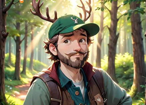 A 40 year old man, he is a forester, he is wearing a cap with a deer logo on it, his beard is chesnuts colored, hes is wearing forester clothes green and brown colored,a man with antlers on his head i