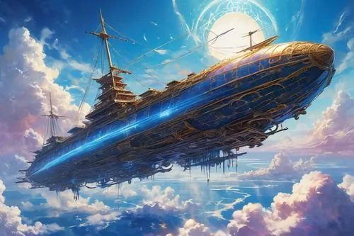 Distant shot, a magic flying ship, above the clouds, in the far distance, brilliant blue sky, stunning, epic magnificent beautiful, realistic, sunbeams, organic tracery, perfect composition, dreamy, d