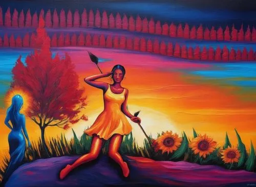 indigenous painting,aboriginal painting,khokhloma painting,corroboree,chhinnamasta,varekai,aboriginal culture,indigenous culture,ojibway,kaliyuga,woman playing,fire dancer,dancers,firedancer,neon body painting,dancer,vishwamitra,aboriginal art,the flute,abenaki,Illustration,Realistic Fantasy,Realistic Fantasy 25