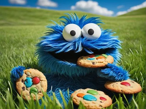 Cookie Monster, sunglasses, cartoon character, blue fur, big eyes, goofy smile, colorful cookies scattered around, bright green grass, sunny day, white fluffy clouds, outdoor picnic setting, playful p