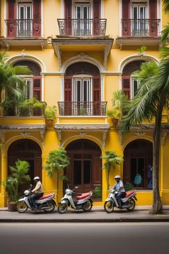 French colonial architecture, Vietnam, Hanoi or Ho Chi Minh city, grandiose building, intricate details, ornate facades, balconies with iron railings, yellow and white walls, red-tiled roofs, palm tre