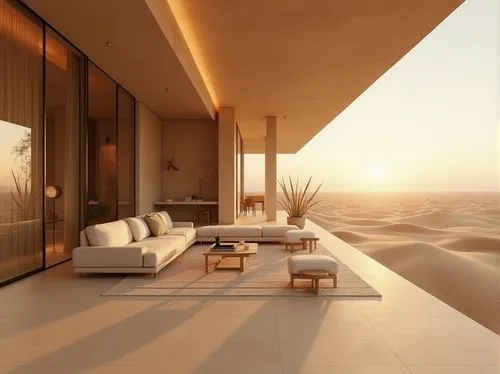 Sand-casted materials, modern architecture, luxurious villa, warm beige walls, large glass windows, minimalist interior design, sleek wooden furniture, sandy dunes, endless desert landscape, golden ho