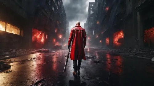   A Bald adult wearing a red jacket holding Zoom in , Fast motion video, Tracking subject, Sunlight glinting off the asphalt, “A post-apocalyptic cityscape, with  urban Cityscape and survivors running